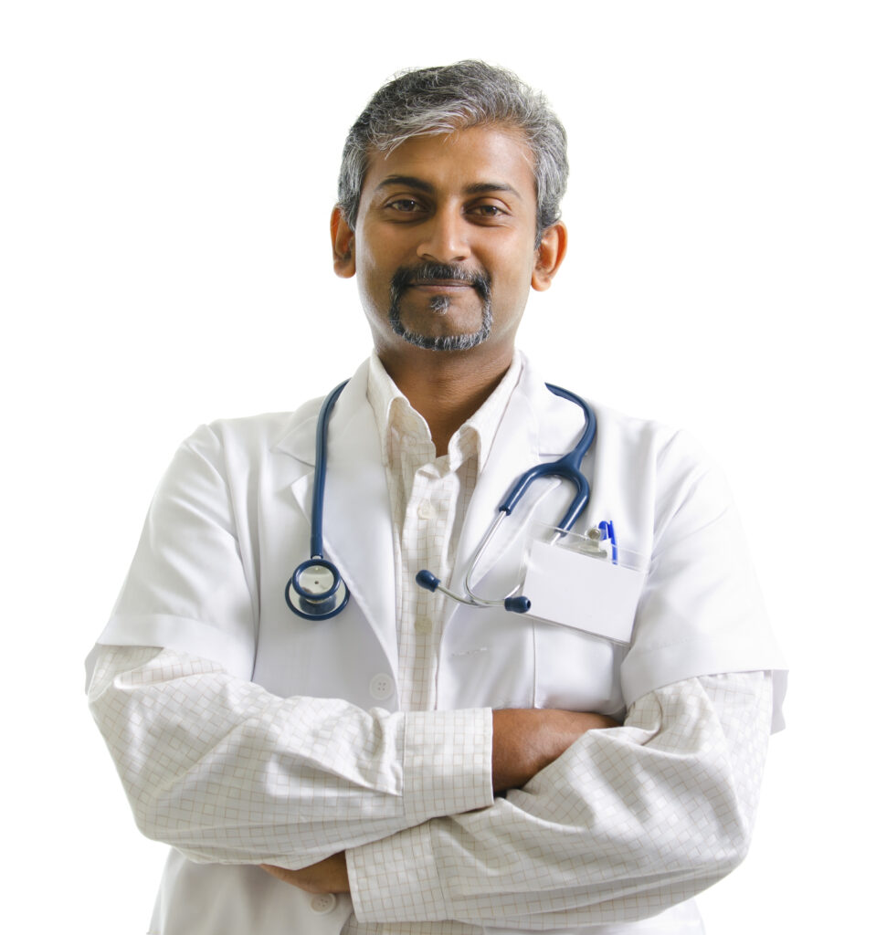 Indian mature male doctor crossed arms on white background